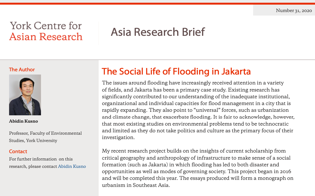New YCAR Asia Research Brief: The Social Life of Flooding in Jakarta