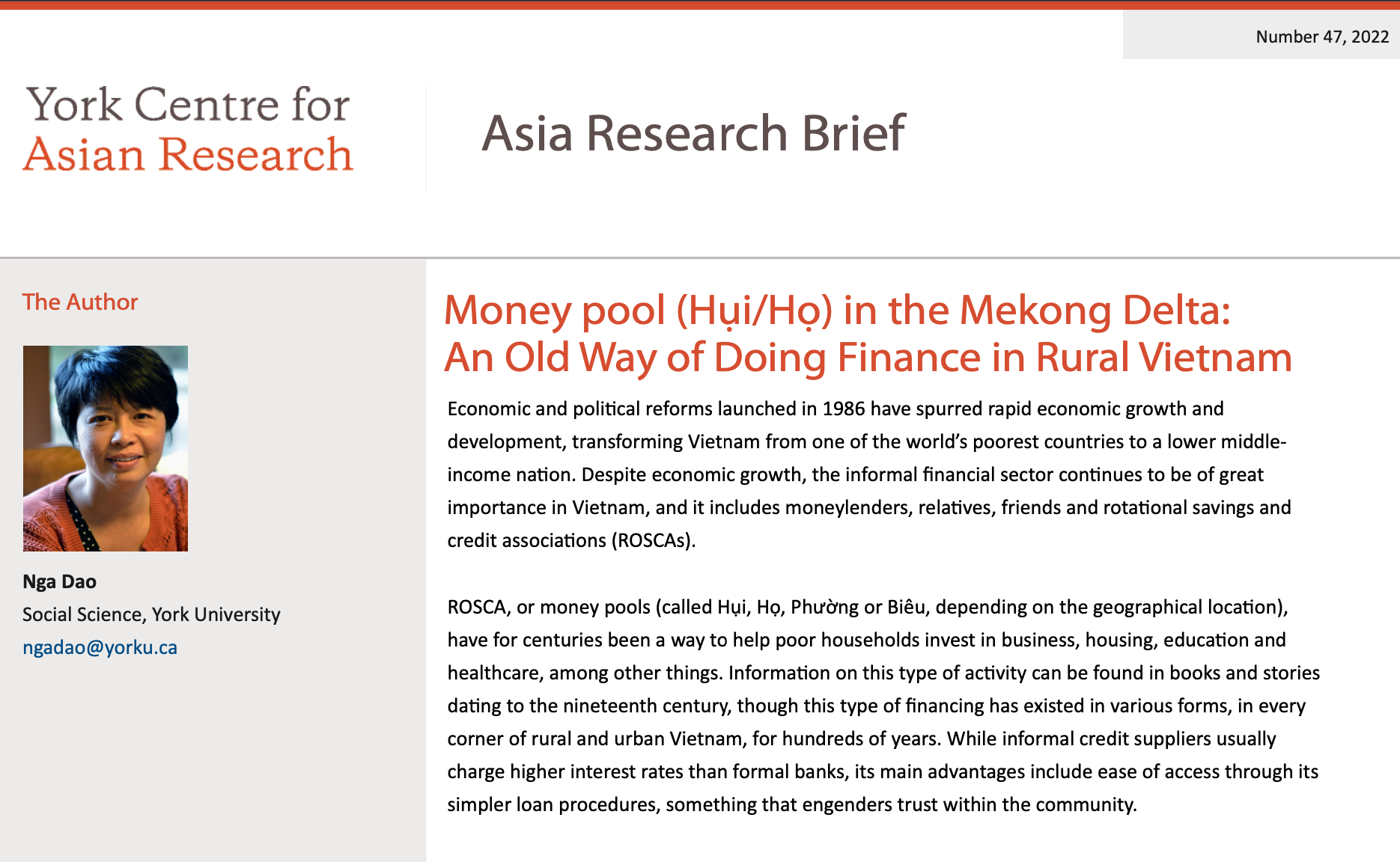 Asia Research Brief #47  |  Money pool (Hụi/Họ) in the Mekong Delta: An Old Way of Doing Finance in Rural Vietnam