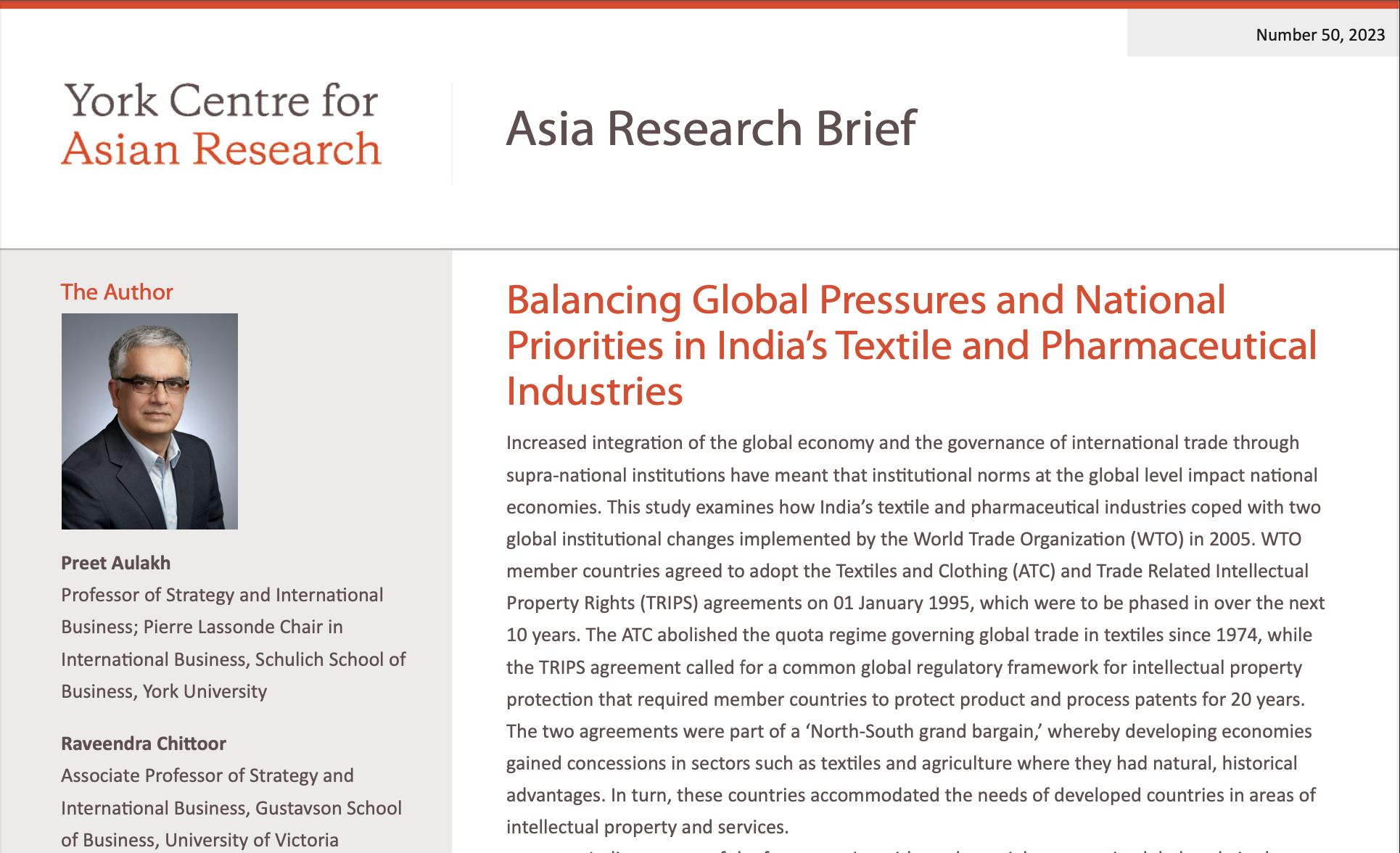 Asia Research Brief 50 | Balancing Global Pressures and National Priorities in India’s Textile and Pharmaceutical Industries