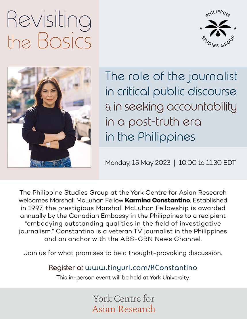 We welcome ABS-CBN anchor Karmina Constantino to York University on May 15 at 10 am.