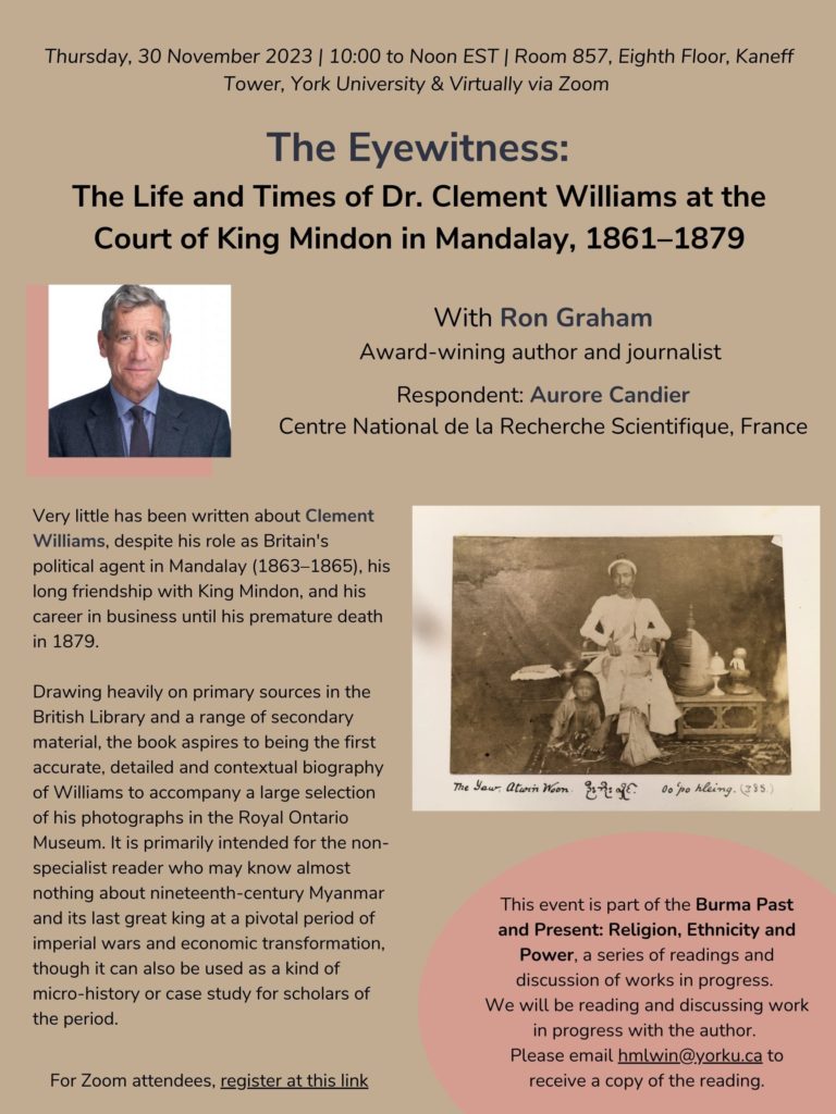 Poster for The Eyewitness: The Life and Times of Dr Clement Williams at the Court of King Mindon in Mandalay, 1861–1879 with Ron Graham on 30 November 2023