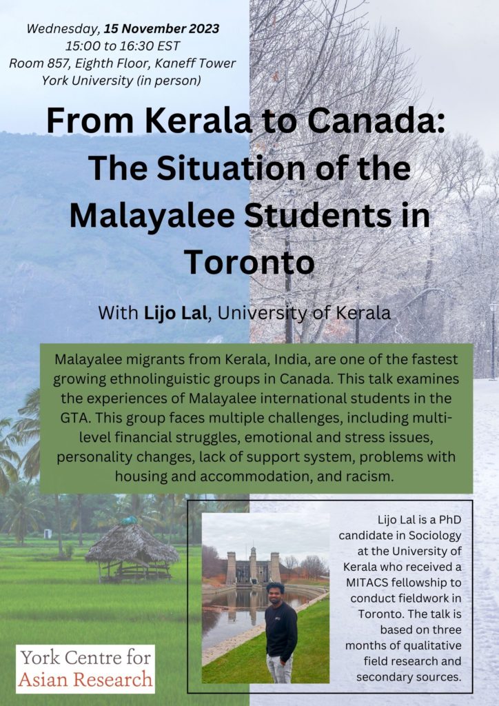 Poster for From Kerala to Canada: The Situation of the Malayalee Students in Toronto with Lijo Lal on 15 November 2023